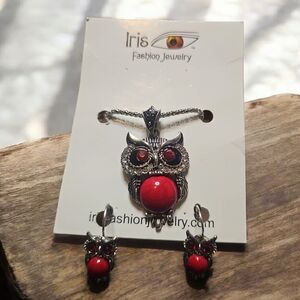 Iris Red and Silver Owl Necklace And Matching Earrings Set